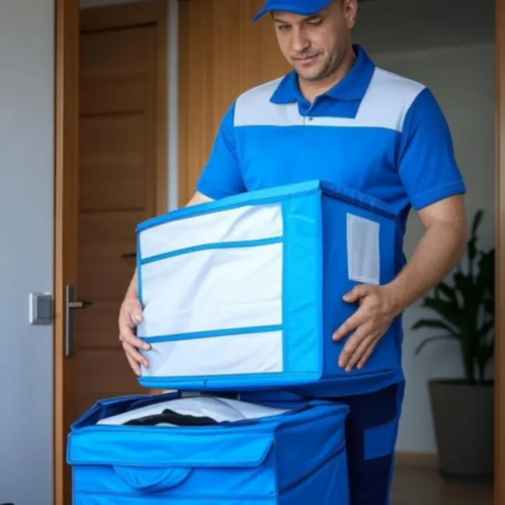 Kurier PureWashFlow odbierający pranie od klienta w Warszawie